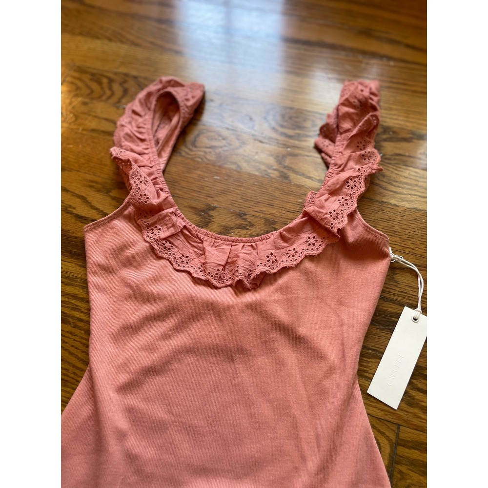 NWT‎ Capulet Womens Ribbed Eyelet Ruffle Bodysuit Salmon Pink Scoop Neck Small - Picture 2 of 7